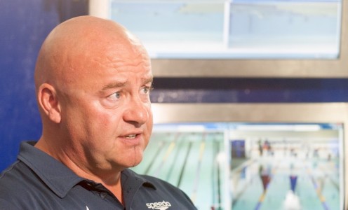 Dave McNulty in front of the new video monitors in the London 2012 Legacy Pool