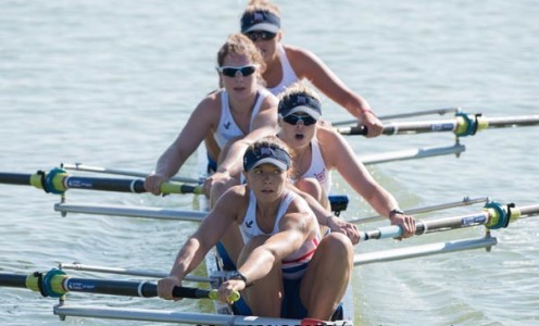 Sam Courty (front) and the women's four in action at the World U23 Championships in Plovdiv, Bulgaria. PICTURE: Peter Spurrier / Intersport Images