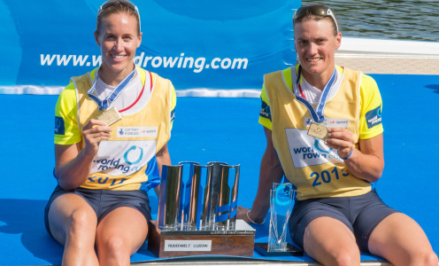 Helen Glover and Heather Stanning celebrate their latest success at the 2015 World Cup in Lucerne