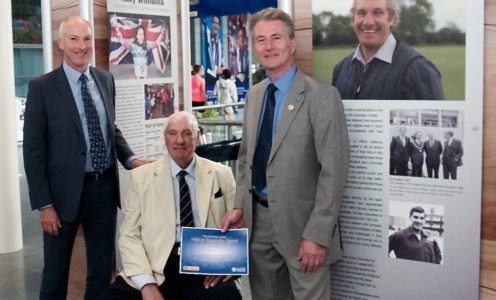 Dr Tom Hudson, centre, is inducted into the Team Bath Hall of Fame by Director of Sport Stephen Baddeley and Professor Kevin Edge, former Deputy Vice-Chancellor of the University of Bath