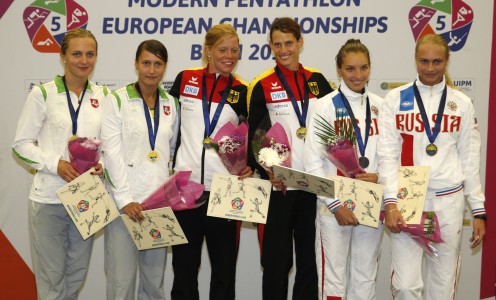 The women's relay medallists at the 2015 Modern Pentathlon European Championships