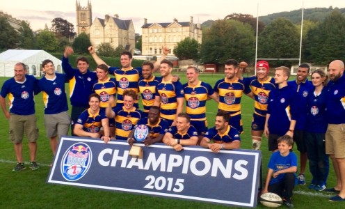 The University of Bath's rugby team celebrate after retaining the Red Bull Uni 7s title at The Rec in September 2015