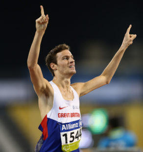 DOHA, QATAR - OCTOBER 26: Paul Blake of Great Britain celebrates winning the men's 800m T36 final during the Evening Session on Day Five of the IPC Athletics World Championships at Suhaim Bin Hamad Stadium on October 26, 2015 in Doha, Qatar. (Photo by Warren Little/Getty Images)