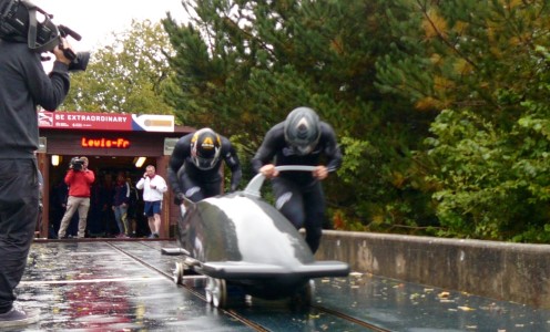 Mark Lewis-Francis and John Jackson train on the University of Bath push-track ahead of the 2015/16 bobsleigh season