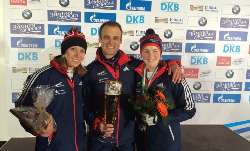 Donna Creighton, ice coach Eric Bernotas and Laura Deas, who won gold in the opening skeleton World Cup race of 2015-16