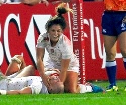 Amy Wilson Hardy leads the celebrations as England Women finish third at the 2015 Dubai Sevens