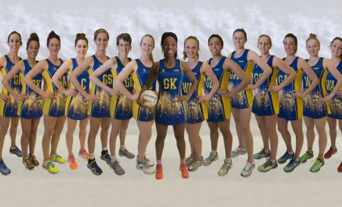 Team Bath Netball Superleague squad 2016 - (left to right) Sarah Penny, Sam Cook, Rachel Shaw, Mia Ritchie, Lenize Potgieter, Karla Mostert, Jo Vann, Eboni Beckford-Chambers, Amanda Varey, Alana John, Asha Francis, Chelsea Lewis, Shaunagh Craig, Claire Brownie and Jazz Scott.