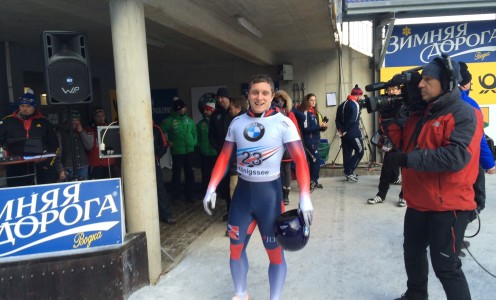 Skeleton athlete David Swift celebrates after winning his first international gold medal in January 2016