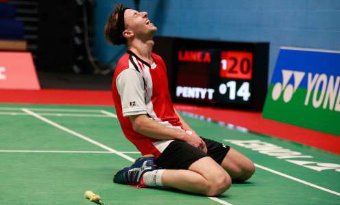 An emotional Alex Lane celebrates after reaching the English National Badminton Championships men's singles final, February 2016