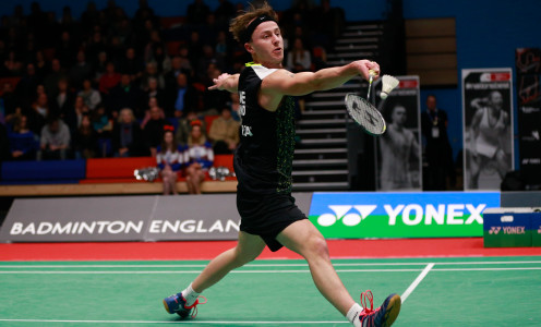 Alex Lane in action in the men's singles final at the English National Badminton Championships, February 2016