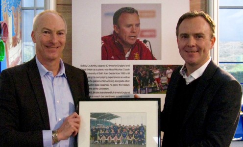 Stephen Baddeley welcomes Bobby Crutchley to the University of Bath Hall of Fame for Sport, February 2016