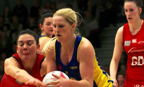 Chelsea Lewis in action for Team Bath Netball in the 58-28 Superleague win over Team Northumbria in February 2016