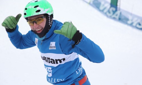 Lloyd Wallace celebrates after finishing seventh at the Aerial Skiing World Cup in Deer Valley, February 2016