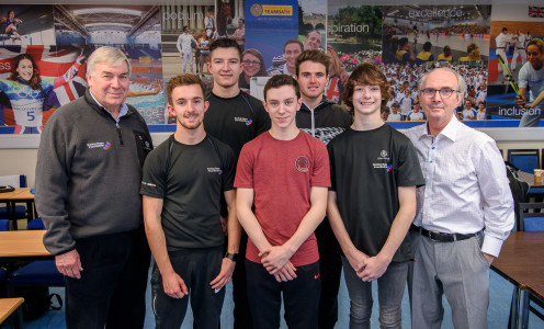 (L-R) Back row of two: Jake Dennis and Oliver Rowland, Front row of five: Derek Walters, John McPhee, Alex Quinn, Rory Skinner, Don Macpherson pose for a photograph, University of Bath, Claverton Down Road, Bath. | Photographer: Artur Lesniak/arturlesniak.com | Date: 15/02/2016 | Copyright: Artur Lesniak/Local World