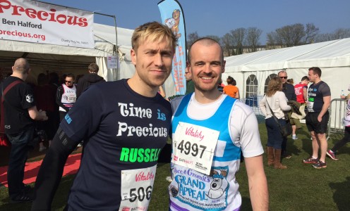 Strength & conditioning coach Bob Smith with comedian Russell Howard at the 2016 Bath Half