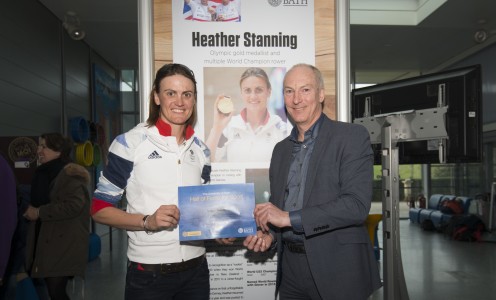 Heather Stanning is welcomed into the University of Bath Hall of Fame for Sport by Director of Sport Stephen Baddeley. Credit: Clare Green for Matchtight