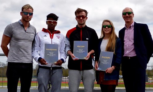 Pictured are (from left) REVO UK Brand Manager Tyron Dawkins, Prisca Awiti-Alcaraz, Alex Lane, Anna Hopkin and University of Bath Director of Sport Stephen Baddeley