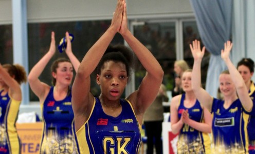 Eboni Beckford-Chambers leads the celebrations for Team Bath Netball following victory in their last home game of the 2016 Vitality Netball Superleague season