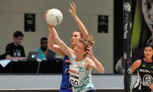 Karla Mostert of the Crinums challenges Lenize Potgieter of the Jaguars during the 2016 Brutal Fruit Netball Premier League final match between Jaguars and Crinums at Olive Convention Centre, Durban in Kwa-Zulu Natal South Africa on 28 May, 2016 ©Muzi Ntombela/BackpagePix