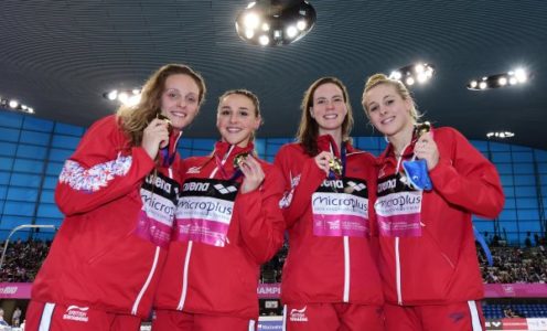 Siobhan-Marie O'Connor (right) won women's 4x100m medley relay gold at the 2016 European Championships in London