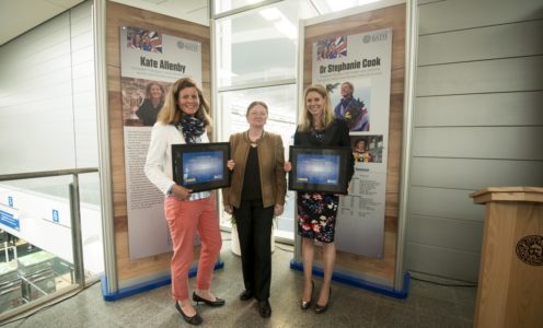 Kate Allenby (left) and Dr Stephanie Cook (right) are welcomed to the University of Bath Hall of Fame for Sport by Vice-Chancellor Professor Dame Glynis Breakwell. PICTURE: Clare Green for Matchtight