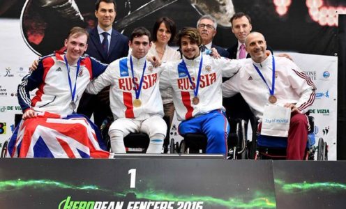 Piers Gilliver (left) won epee silver at the 2016 Wheelchair Fencing European Championships