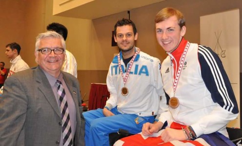 Piers Gilliver (right) won epee bronze at the 2016 Wheelchair Fencing World Cup in Laval, Canada