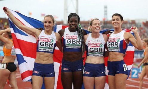 Emily Diamond (left) and Eilidh Doyle (second from right) won 4x400m relay gold at the 2016 European Championships