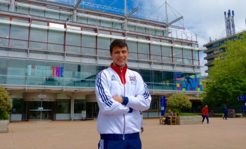 Mathematics student Joe Choong, of Pentathlon GB, outside the University of Bath library