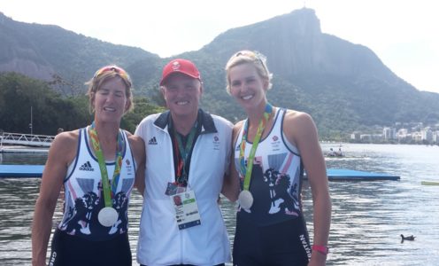 Vicky Thornley (right) with Katherine Grainger and coach Paul Thompson after winning women's double scull silver at Rio 2016