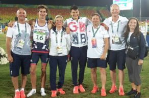Jamie Cooke, Joe Choong and the Pentathlon GB support team after their Rio 2016 Olympic Games competition
