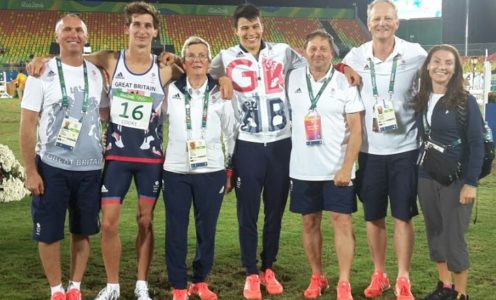 Jamie Cooke, Joe Choong and the Pentathlon GB support team after their Rio 2016 Olympic Games competition