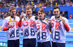 L-R: Duncan Scott, Adam Peaty, Chris Walker-Hebborn and James Guy of Great Britain display their Silver medals during the medal ceremony of the Men's 4 x 100m Medley Relay Final of the Swimming events of the Rio 2016 Olympic Games at the Olympic Aquatics Stadium in Rio de Janeiro, Brazil, 13 August 2016. Photo: Lukas Schulze/dpa