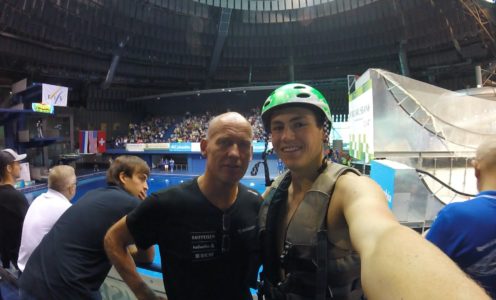 Sports Performance student Lloyd Wallace tweeted this picture of himself and coach Mich Roth at the 2016 World Water-Ramp Aerial Series Final