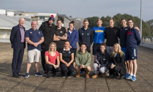 (Clockwise from top left) University of Bath Director of Sport Stephen Baddeley, National Centre Bath Head Coach Dave McNulty, Calum Jarvis, Chris Walker-Hebborn, Jazz Carlin, Tom Derbyshire, Joe Hulme, Andrew Willis, EiS Strength & Conditioning Coach John Watson, National Centre Bath Coach Graeme Antwhistle, Siobhan-Marie O’Connor, Jessica Fullalove, Julian Chan Quee Lin, EiS Physio Jane Carre and Jemma Lowe. Credit: Clare Green for Matchtight.