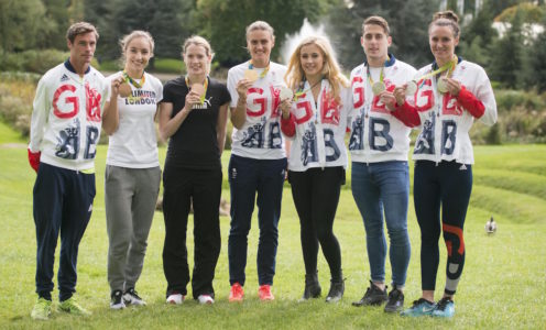 Rio 2016 medalists (from left) Paul Blake, Emily Diamond, Eilidh Doyle, Heather Stanning, Siobhan-Marie O’Connor, Chris Walker-Hebborn and Jazz Carlin at the University of Bath