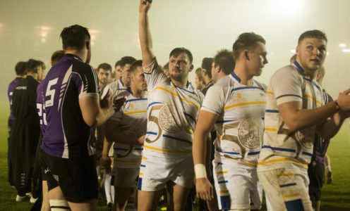 University of Bath men's 1st XV celebrate after beating Leeds Beckett 17-14 at The Rec in October 2016