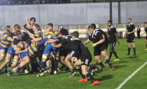 The University of Bath (blue and gold) driving towards Northumbria’s try line, BUCS Super Rugby, November 2016