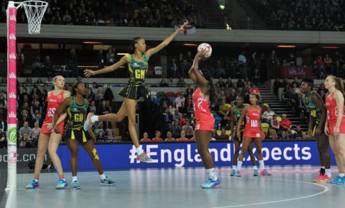 Vangelee Williams (right) watches on as Jamaica team-mate Jhaniele Fowler-Reid attempts to block a shot from England's Kadeen Corbin, November 2016. MUST CREDIT: Steve Porter