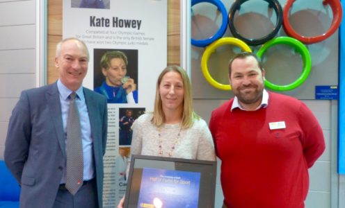 Kate Howey is welcomed into the University of Bath Hall of Fame for Sport by Director of Sport Stephen Baddeley (left) and Deputy Director of Sport Greg Sharp, November 2016