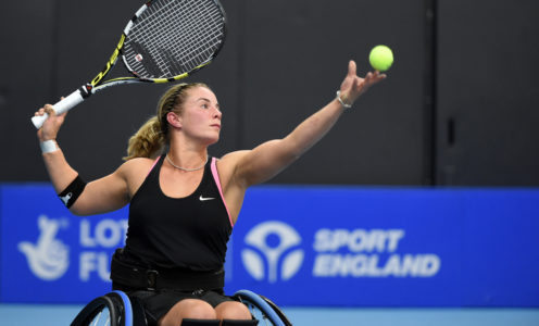 Lucy Shuker in action at the NEC Wheelchair Tennis Masters 2015. PICTURE: Tennis Foundation