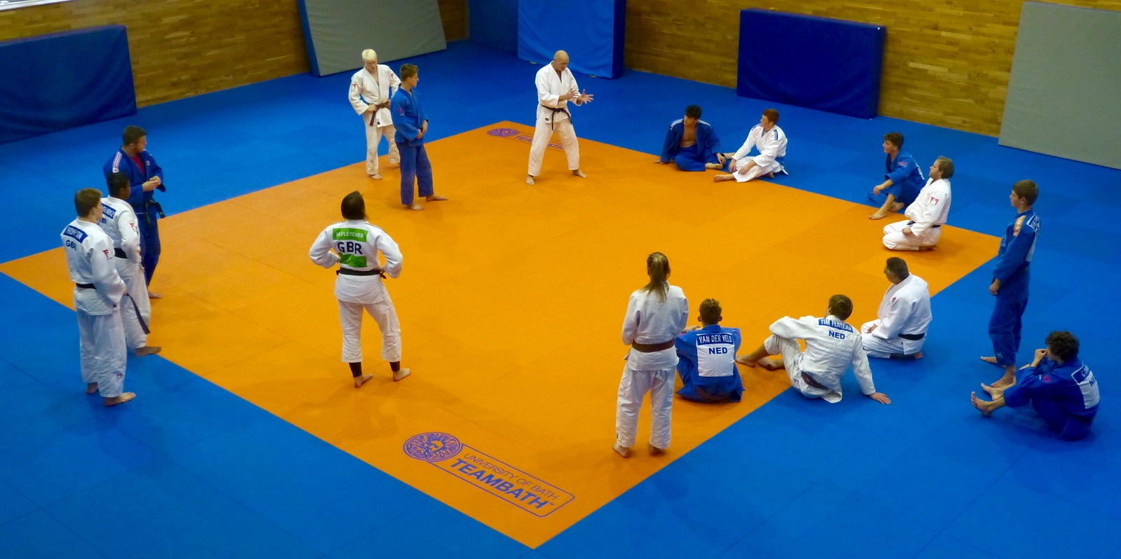 Juergen Klinger talks the elite performance group and visitors from Judo Yushi in the Netherlands through a training session in the Team Bath dojo, November 2016