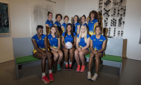 Team Bath Netball’s 2017 Superleague squad – (back, left to right) Rachel Shaw, Imogen Allison, Mia Ritchie, Laura Rudland, Jess Shaw, Sam Cook, (front) Vangelee Williams, Paige Reed, Eboni Beckford-Chambers, Chelsea Lewis and Layla Guscoth. Not pictured – Shantal Slater. Photo credit: Clare Green for Matchtight.