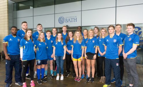 (From left) Levi Davis, Jack Davies, Sarah Collin, Jack Edmondson, Lily Honor, Hugo Stiles, Charlotte Mclennaghan, Jazmine Butcher, Cameron Chalmers, Emma Stacey, Laura Macro, Ikem Okwudiafor, Steph Clutterbuck, Amelia Stuart, Austin Flanary, Eloise Laity, Bradley Sutton, Tom Derbyshire and Thomas Sinclair at the University of Bath Sports Training Village. CREDIT: Sam Farr for Matchtight.