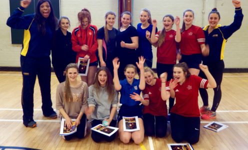 Team Bath Netball’s Eboni Beckford-Chambers (left) and Jess Shaw (right) with students at Corsham School, January 2017