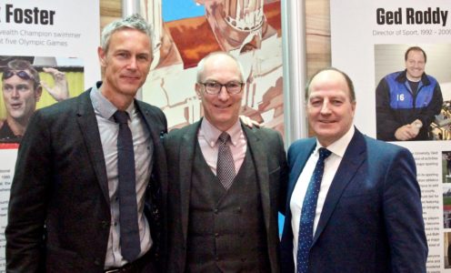 Mark Foster, University of Bath Director of Sport Stephen Baddeley and Ged Roddy at the Hall of Fame for Sport induction, January 2017