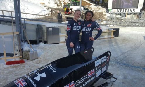 Mica McNeill and Mica Moore celebrate after being crowned as Junior World Bobsleigh Champions in January 2017