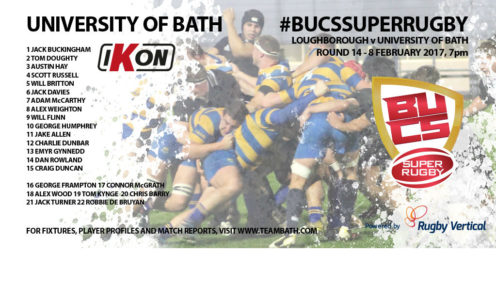 The starting XV for University of Bath's BUCS Super Rugby match at Loughborough University, February 2017