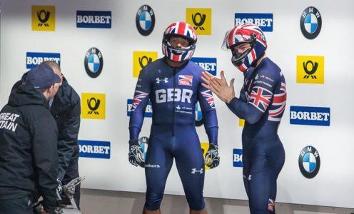 17.2.2017 Berchtesgaden - Konigssee, Germany. GBR 2-man bobsleigh first run Joel Fearon and pilot Bruce Tasker.