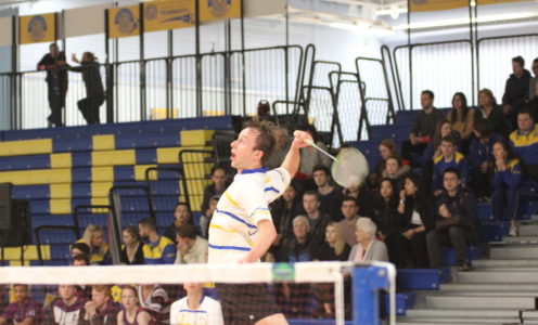 England international Alex Lane in action for the University of Bath men's 1sts in the 2017 BUCS Big Wednesday badminton final